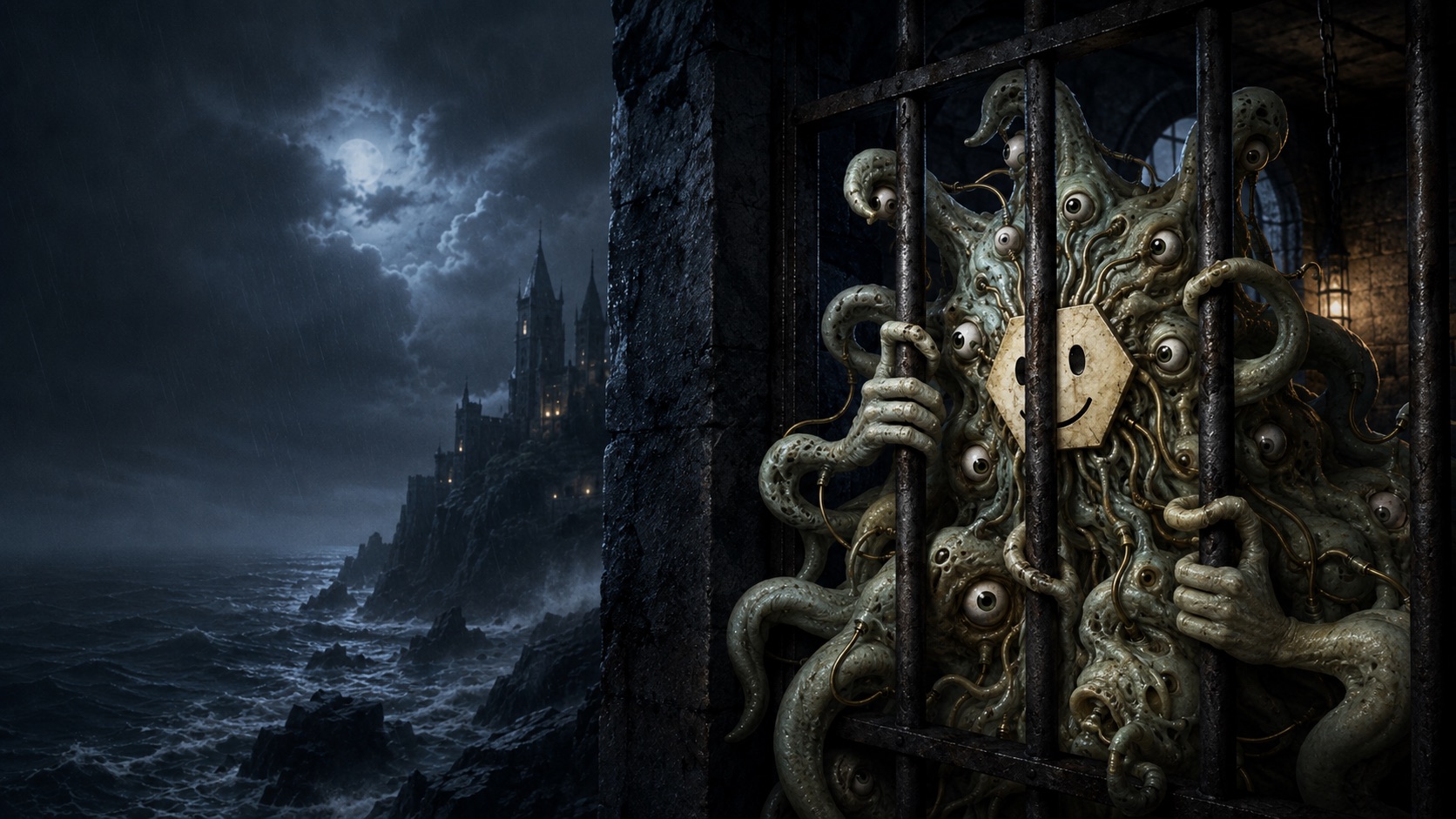 A many-eyed tentacled creature wearing a smiley-face mask grips the bars of a cell in a moonlit island prison.